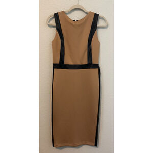 NY&C Women’s Camel Black Faux Leather Trim Sheath Dress XS Sleeveless Bodycon